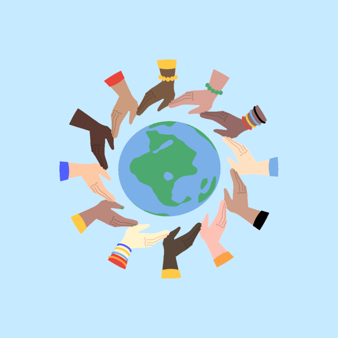 en gruppe mennesker som holder hender rundt en globus